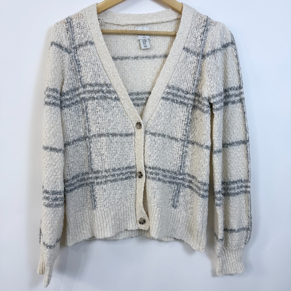 Joie Textured Knit Plaid Cardigan Sweater Size‎ M Cream Gray Preppy Academia